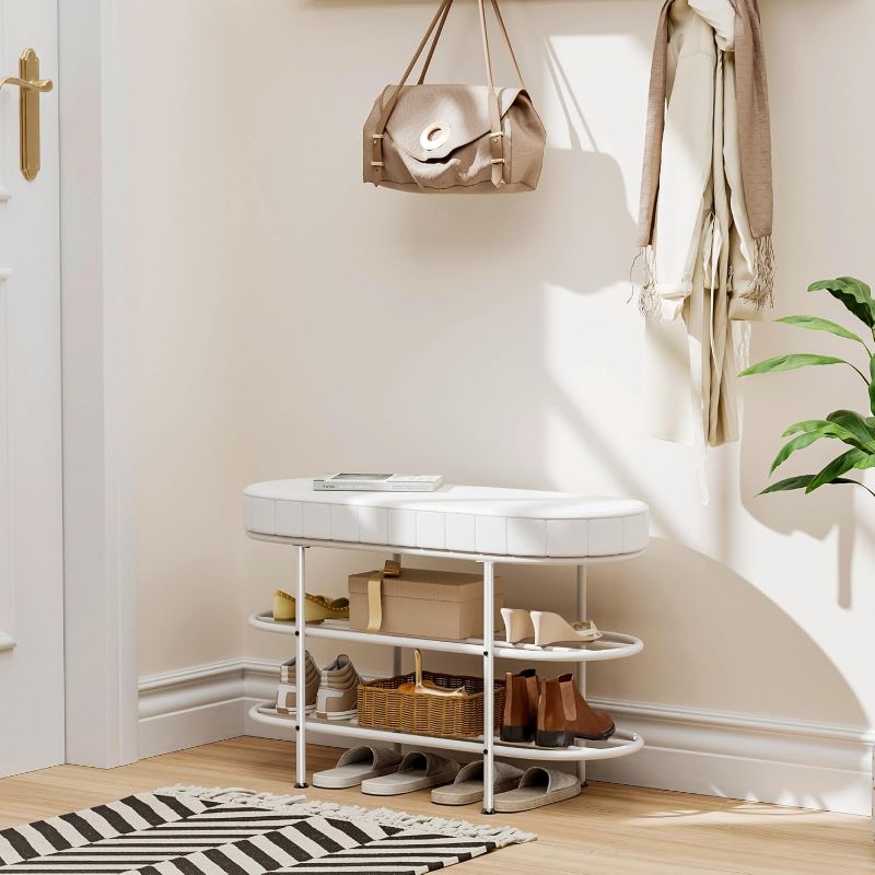 Photo 1 of Shoe Bench with Cushion, 3 Tier Shoe Rack Storage Bench, Entryway Bench, for Hallway, Entryway, Bedroom, Living Room, Holds Up to 300 lb (White,)
