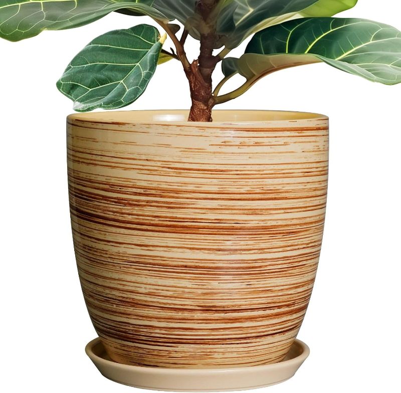 Photo 1 of 10 Inch Planter Pot Ceramic Plant Pots for Plants with Drainage Hole and Saucer Large Flower Pot for Home Patio Garden Office Yellow