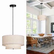 Photo 1 of 18" Modern Double Drum Fabric Pendant Light, Large Hanging Ceiling Chandelier Fixture with Dual Layer Fabric Shade, Ideal for Dining Room, Living Room, Bedroom, and Kitchen