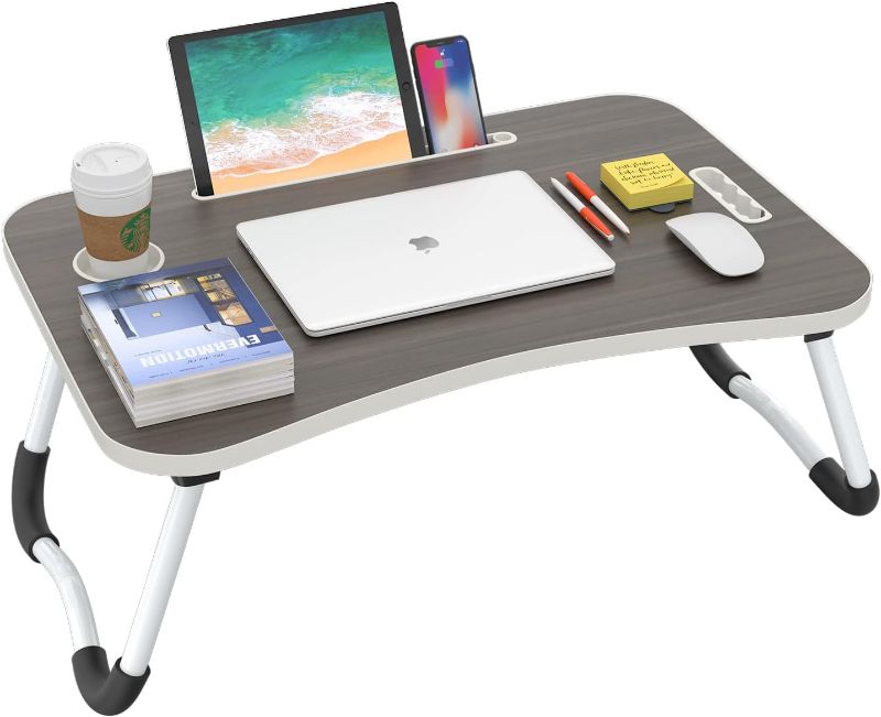 Photo 1 of BUYIFY Folding Lap Desk,  Wood Black Laptop Bed Desk Lap Desk with Cup Holder, for Working Reading Writing, Eating, Watching Movies for Bed Sofa Couch Floor