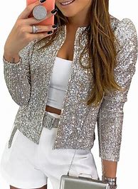 Photo 1 of  Women Casual Open Front Sequin Jackets Cardigan Glitter Long Sleeve Short Coats Crop Blazer SIZE SMALL 