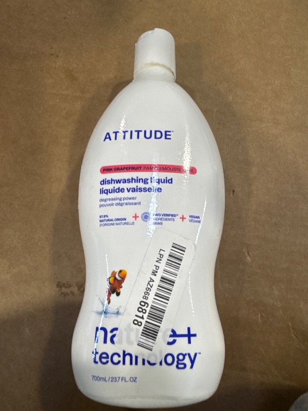 Photo 1 of ATTITUDE Dishwashing Liquid, EWG Verified, Vegan Dish Soap, Plant Based, Naturally Derived Products, Pink Grapefruit, 23.7 Fl Oz