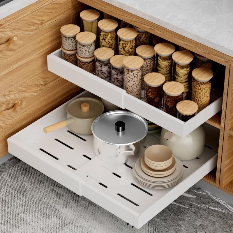Photo 1 of 2 Pack Pull Out Cabinet Organizer 21 inch Deep,Expandable Pull out Drawers for Cabinets Adhesive with Film, No Drill Slide Out Drawers for Kitchen Cabinets
