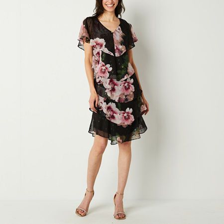 Photo 1 of S. L. Fashions Floral Short Sleeve Shift Dress, 14, Black
