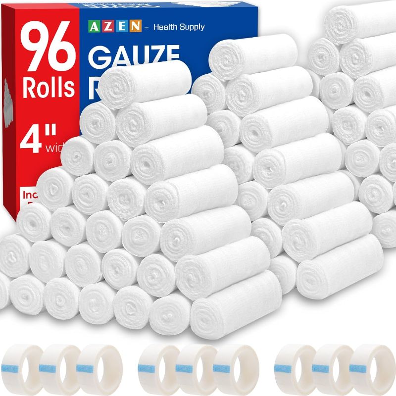 Photo 1 of AZEN 96 Pack Gauze Rolls Bandages, 4 in x 4.1 Yards, Premium Medical Supplies & First Aid Supplies, Bandage Wrap Vet Wrap, Mummy Wraps
