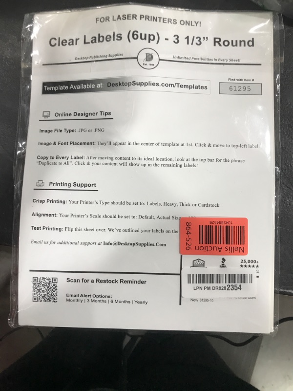 Photo 1 of Crystal Clear Labels for Laser Printers - 3-1/3" Round - 6 per Sheet - 10 Sheets / 60 Circular Labels
