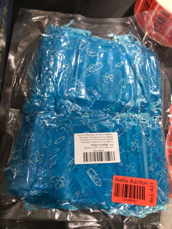 Photo 1 of 100Pcs Oh Baby Shower Organza Bags with Drawstring, Bottle Pacifier Nursery Organza Candy Bags, 4x6 Inch Organza Bags Baby Shower Party Favor Jewelry Gift Bags Blue Reusable Gift Wrap Bags