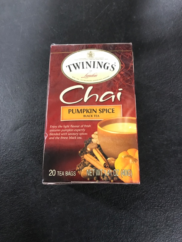Photo 1 of Twinings Pumpkin Spice Chai Black Tea Individually Wrapped Bags, 20 Count (Pack of 1), Warm, Spicy & Aromatic, Caffeinated, Enjoy Hot or Iced