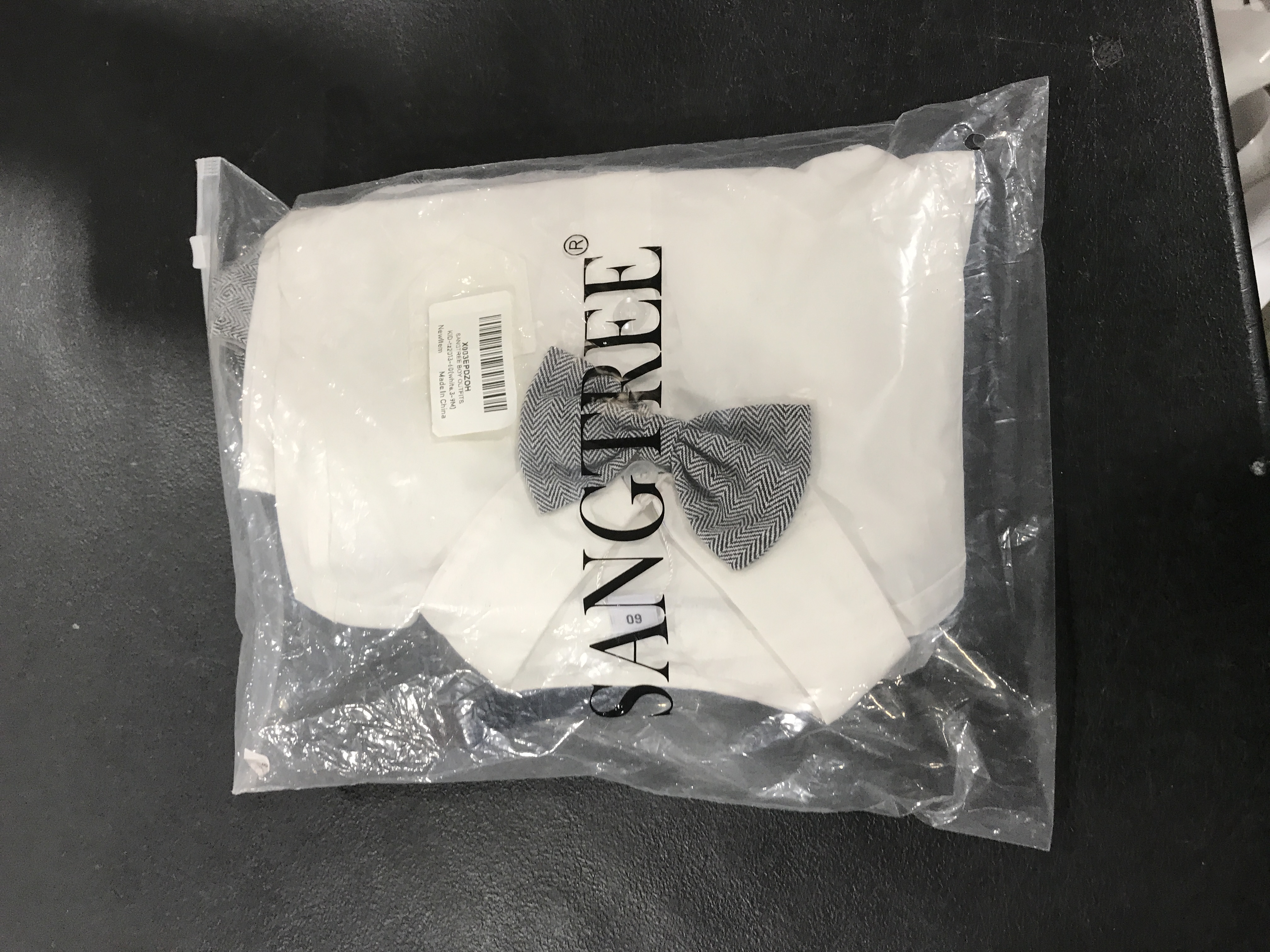 Photo 1 of SANGTREE Boys' Clothes Set, 3PCS Gentleman Outfits for Boy of Dress Shirt with Bow Tie + Newsboy Hat + Suspender Pants Sets Kid, Hat - White + Grey, 3-9 Months = Tag 60