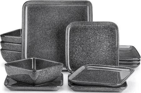 Photo 1 of vancasso Stern Gray Dinner Set Square Reactive Glaze Tableware 12 Pieces Kitchen Dinnerware Stoneware Crockery Set with Dinner Plate, Dessert Plate,

