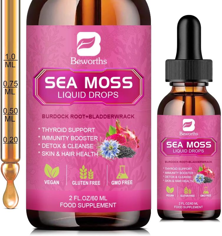Photo 1 of Sea Moss Liquid Drops - Organic Black Seed Oil Irish Sea Moss Gel with Burdock Root, Bladderwrack, Elderberry, Vitamin C, D3, 6X Stronger Seamoss Gel for Digestive, Hair Health - Vegan
