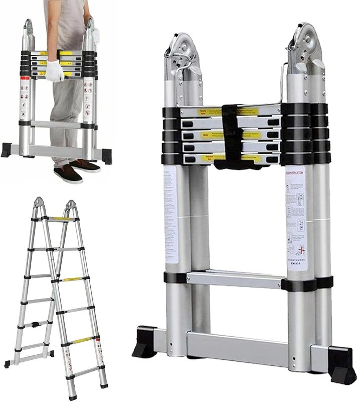 Photo 1 of 12.5FT Aluminum Telescoping Extension Ladder 330lb Capacity Heavy Duty A-Frame Foldable Portable 2-in-1 Ladder with Support Bar EN131 Certificated for Home Office Shed Warehouse