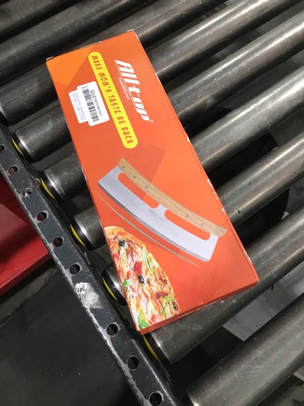 Photo 1 of ALLTOP Pizza Cutter Rocker - High Performance Stainless Steel Slicer Blade with One-Piece Wooden Handle - Efficient and Durable Pizza Accessory - Perfect Kitchen Tool for Home Cooking and Restaurant