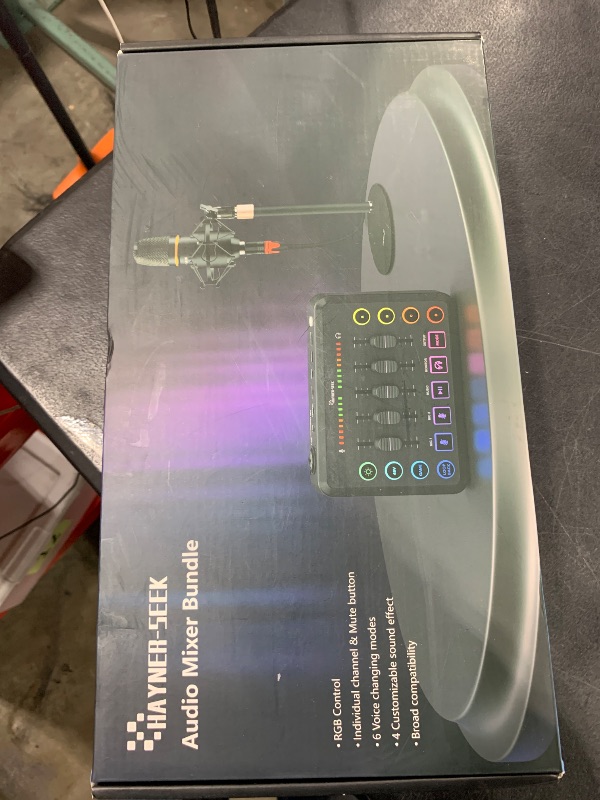 Photo 1 of Podcast Equipment Bundle, Gaming Audio Mixer with 48V Podcast Microphone, Individual Volume Slider, Voice Changer RGB Audio Interface for Laptop PC/Phone Living Broadcast/Streaming/Recording -Black