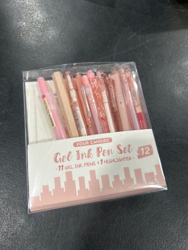 Photo 1 of Four Candies 12Pack Pastel Gel Ink Pen Set, Cute Note Taking 0.5mm Fine Point Retractable 11 Pack Black Ink Pens with 1Pack Highlighter for Writing, School, Office (Pink)