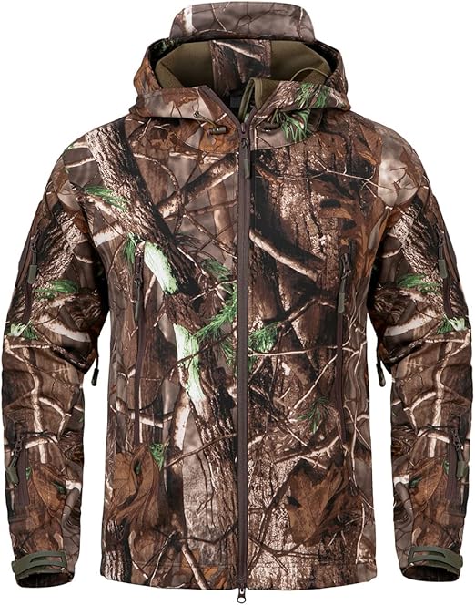 Photo 1 of ***MEDIUM SIZE, similar*** Silent Hunting Clothes for Men Soft Shell Outdoor Hiking Jacket Camo Water Resistant Fleece Hooded Coat with Pockets
