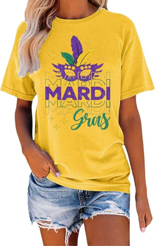 Photo 1 of ***LARGE SIZE, similar*** Mardi Gras Shirt for Women Carnival Party T-Shirt Costume Mask Graphic Short Sleeves Tee Tops Yellow L