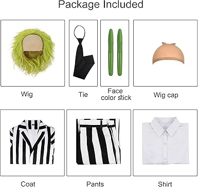 Photo 1 of 8 Pcs Beetle Movie Juice Costume Men Black and White Striped Suit Adult Horror Comedy Character Cosplay Outfit with Wig 3XL

