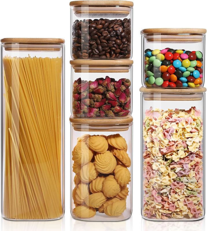 Photo 1 of 6Pcs Glass Storage Containers with Lids, Clear Food Jars Fits for Pantry, Coffee Bar, Square Airtight Canisters for Organizer Pasta, Sugar, Cerea, Coffee Bean
