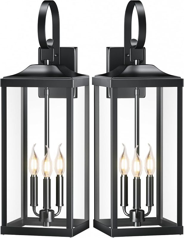 Photo 1 of 2 Packs 24" Extra Large Outside Wall Light Fixture 3-Light, Black Outdoor Porch Lantern Wall Mounted, Waterproof Modern Outside Wall Sconce Coach Lamp for House, E12
