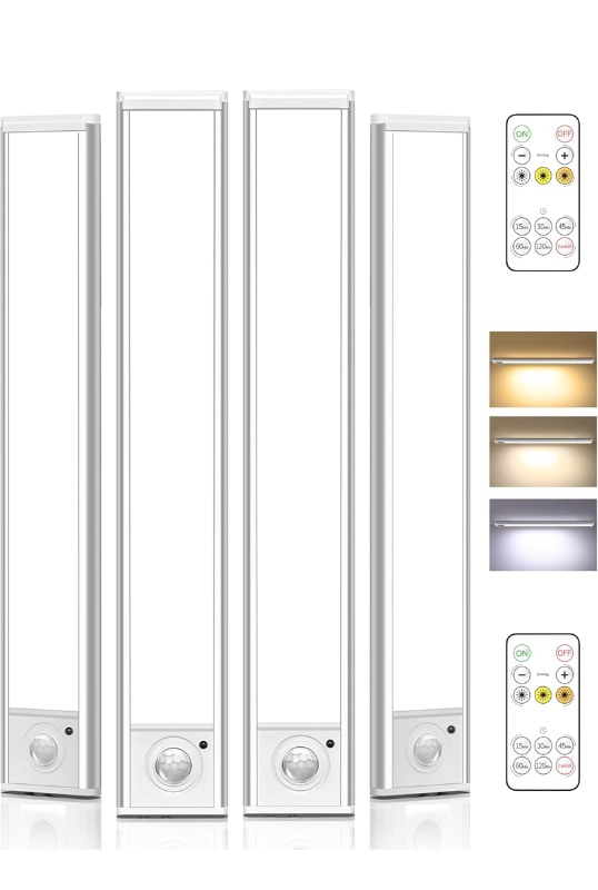Photo 1 of ***ONE ONLY***
Under Cabinet Lighting,LED Rechargeable Motion Sensor Light Indoor Battery Operated,3 Color Temps&Dimmable Closet Lights with Remote,Wireless Under Counter Lights for Kitchen Stairs (4 Pack)