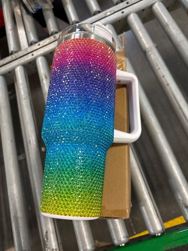 Photo 1 of 40 OZ Bling Tumbler With Handle Studded Rhinestone Tumbler Glitter Cups with Lid Stainless Steel Vacuum Thermal with Straw for Ice Cold or Warm Drinking for Women(Colorful Shiny)
