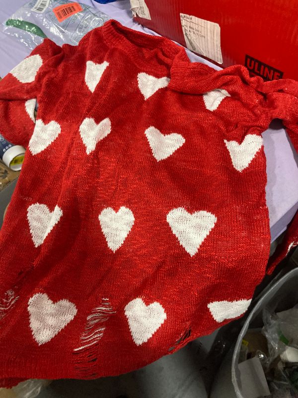 Photo 1 of Chang Yun Women Off Shoulder Long Sleeves Casual Tops Hearts Printed Pullovers Sweater with Hole Red small 