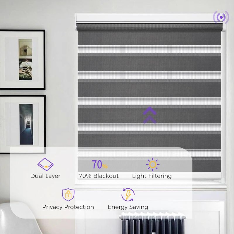 Photo 1 of Allesin Motorized Zebra Blinds for Window with Remote, Compatible with Alexa, Smart Dual Layer Shades, Smart Zebra Roller Shades Light Filtering Dry Battery Motor, for Home Office(Grey, H72 x W34)