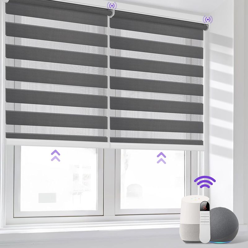 Photo 1 of Allesin Motorized Zebra Blinds for Window with Remote, Compatible with Alexa, Smart Dual Layer Shades, Smart Zebra Roller Shades Light Filtering Dry Battery Motor, for Home Office(Grey, H72 x W34)