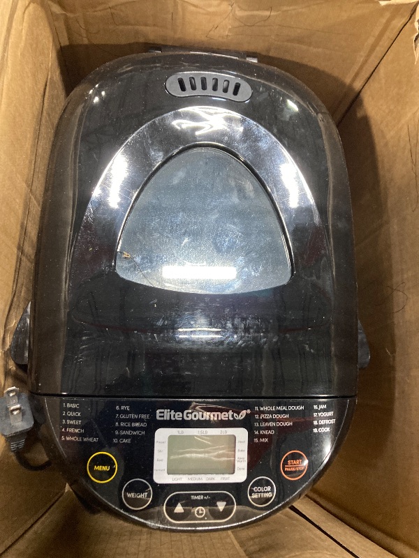 Photo 1 of ***small crack on lid***Elite Gourmet EBM8103B Programmable Bread Maker Machine 3 Loaf Sizes, 19 Menu Functions Gluten Free White Wheat Rye French and more, 2 Lbs, Black