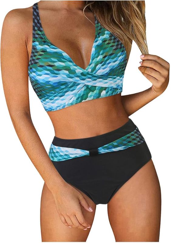 Photo 1 of ***SMALL SIZE*** Swim Suits for Women 2025 High Waisted Bikini Sets Tummy Control Two Piece Bathing Suits Color Block Halter Swim Suits
