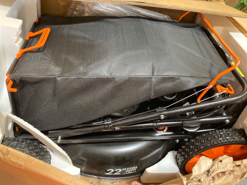 Photo 1 of **new open box**
YARDMAX 22 in. 201cc Select PACE 6 Speed CVT High Wheel RWD 3-in-1 Gas Walk Behind Self Propelled Lawn Mower, Black
