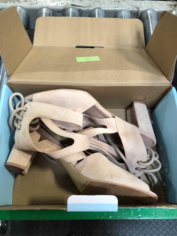 Photo 1 of **LIGHTLY USED ON SOLES FOR HEELS**
fereshte Womens Gladiator Sandals Strappy Lace Up Hollow Out Chunky High Heels Suede Nude 45 - US 11