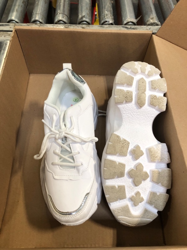 Photo 1 of **USED**
LUCKY STEP Women 90S Chunky Platform Reflective Sneakers - White Hologram Casual Lace-Up Walking Dad Sneakers(White - Silver,8 B(M) US)