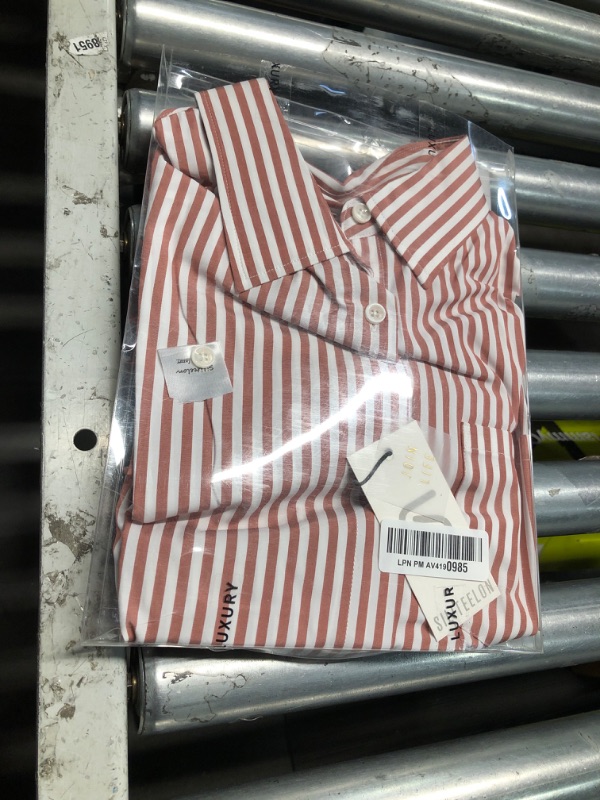 Photo 1 of (LARGE) (BAGGED) siliteelon Striped Button Down Shirts for Women Dress Shirts Long Sleeve Casual Collared Office Work Shirt with Pocket Dark Pink and White