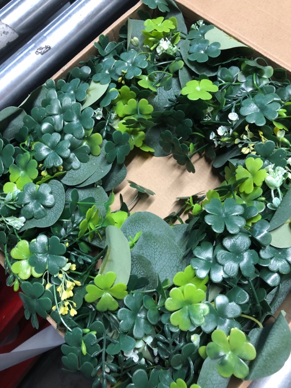 Photo 1 of **Its Artificial***Plastic**
St Patricks Day Artificial Eucalyptus Wreath Saint Patrick Decorations for Front Door - St Paddys Shamrock Decor for Irish March Home Wall Porch Party Supplies