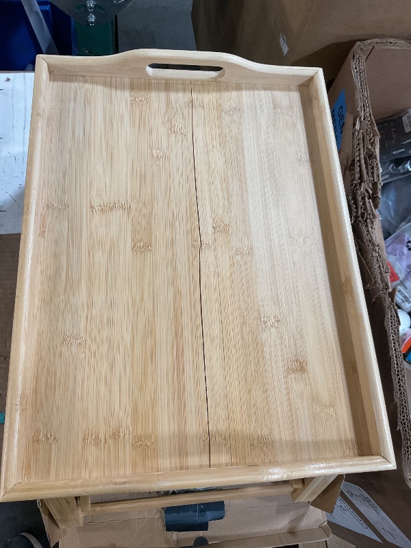 Photo 1 of *DAMAGED* MAJOR CRACK DOWN MIDDLE* KEEKR Bed Tray Table with Leg Locks, Adjustable Height & Foldable Legs - Breakfast Bed Table Tray for Sofa, Bed & Eating. Used as a Laptop Table, 100% Made of Bamboo