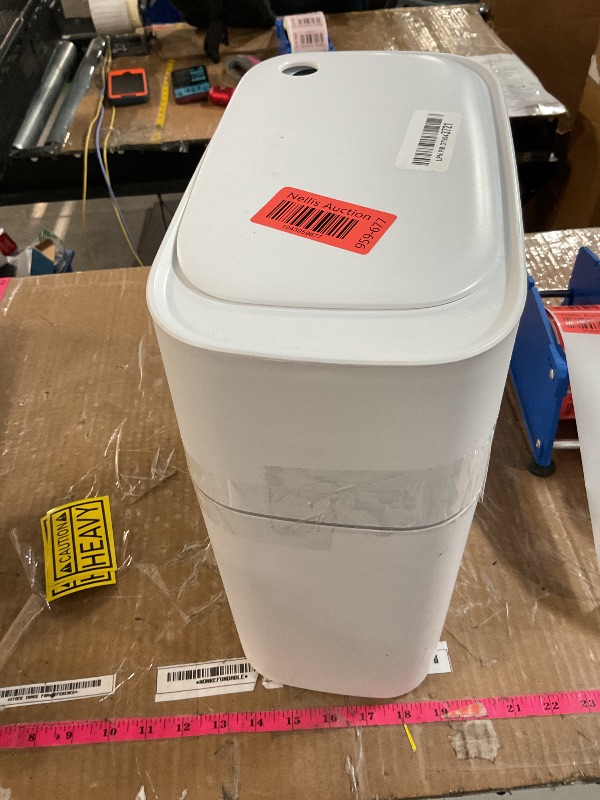 Photo 1 of (used (damaged) JOYBOS Trash Can with Lid Automatic Garbage Can, 3.8 Gallon Slim Small White Plastic Smart Trash Bin