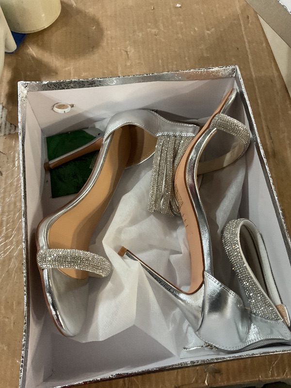 Photo 1 of 100FIXEO Sexy Rhinestone High Heeled Sandals Elegant Open Toe ankle strap Stiletto Heel Wedding Dress Shoes(Silver, 8.5)