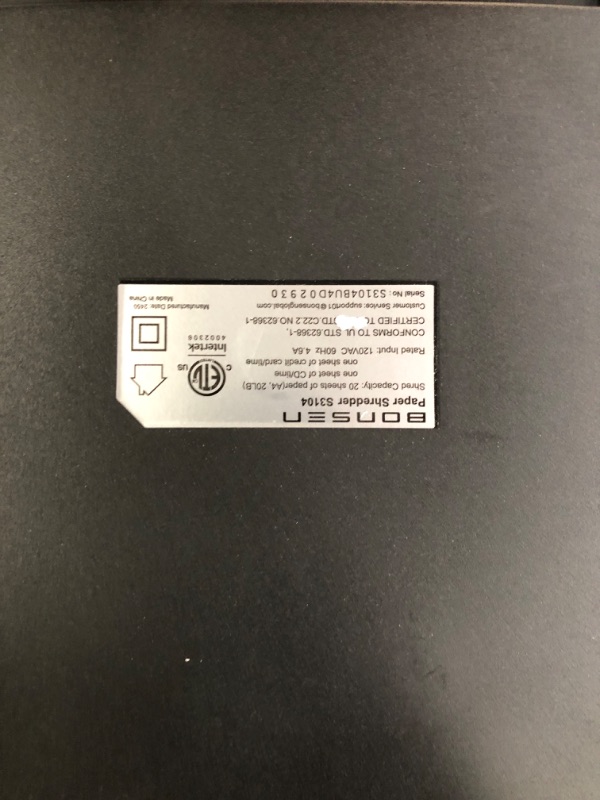 Photo 1 of ****PARTS ONLY******BONSEN Paper Shredder, 20-Sheet 60 Mins Nonstop Heavy Duty Paper Shredder for Office, 60dB Ultra Quiet Cross-Cut Shredder with 6.6 Gals Basket, Anti-Jam CD and Credit Shredder for Home Office (S3104)