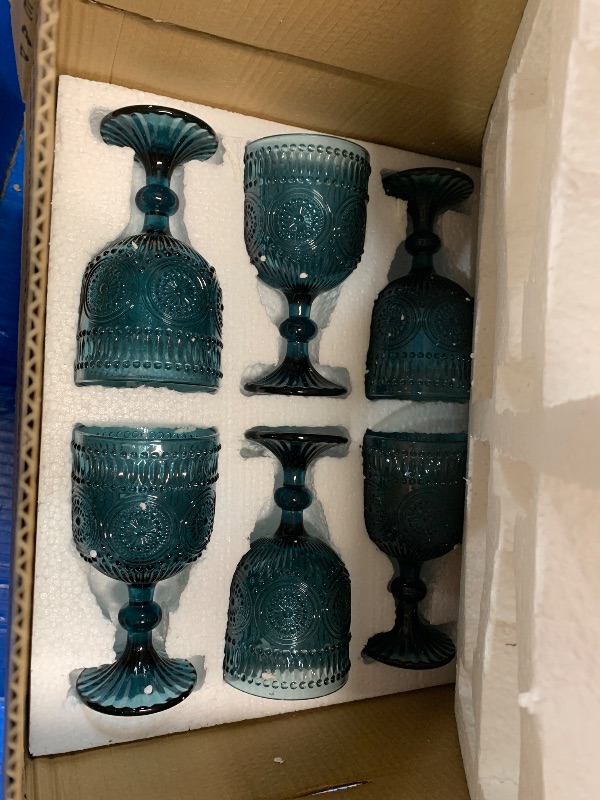 Photo 1 of 12 Oz Flower Embossed Wine Glasses Set of 6, Vintage Colored Glass Water Goblets, Unique Floral Pattern High Clear Stemmed Glassware Wedding Party Bar Drinking Cups Fancy Glasses Dishwasher Safe Blue