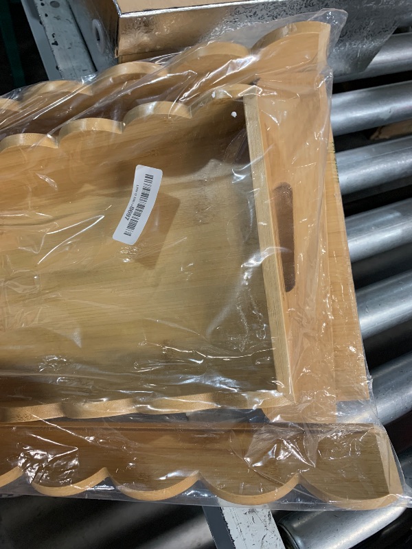Photo 1 of ***(MAJOR DAMAGE/ SEE NOTES)***
Tiangrid 2 Pack Scalloped Bamboo Serving Tray with Handle Wooden Tray for Serving Food Kitchen Counter Rectangular Decorative Platter for Breakfast Dinner Eating on Couch Bed