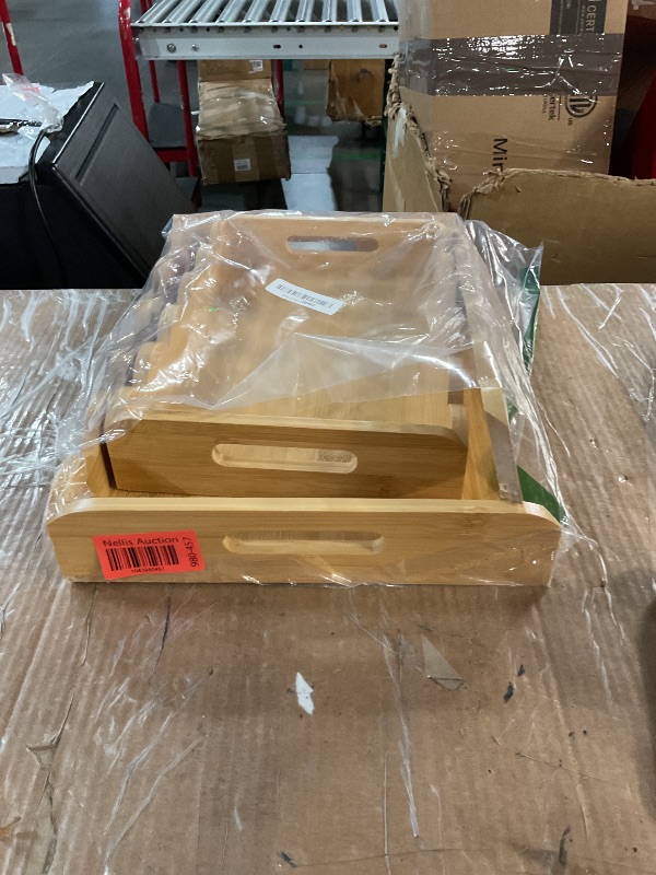 Photo 1 of ***(MAJOR DAMAGE/ SEE NOTES)***
Tiangrid 2 Pack Scalloped Bamboo Serving Tray with Handle Wooden Tray for Serving Food Kitchen Counter Rectangular Decorative Platter for Breakfast Dinner Eating on Couch Bed