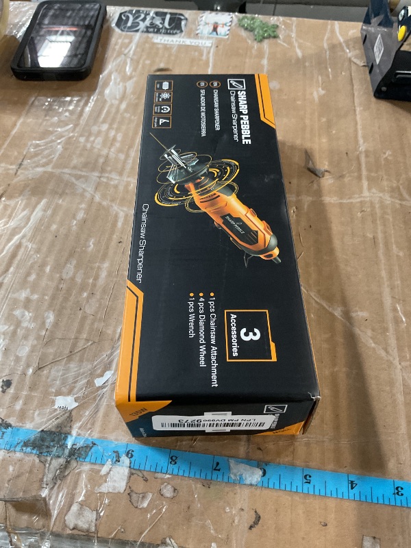 Photo 1 of Sharp Pebble Electric Chainsaw Sharpener Kit - Comes with Chain Saw Sharpener Tool, 4 File Size Sharpening Wheel Bits, Angle Attachment, Wrench & eBook.