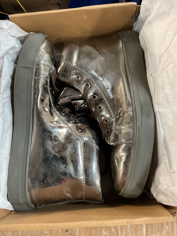 Photo 1 of ***ITEM IS HEAVILY USED***

IGxx Men's Sneakers Punk Ankle Boots for Men Metal Rivet High Top Lace-up Running Basketball Shoes for Shiny Metal Decoration Shoes Motorcycle Boots Silver 44