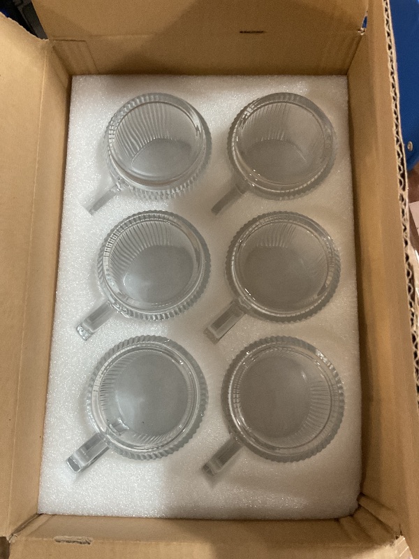 Photo 1 of ***(NOT A COMPLETE SET/ 1 IS CRACKED)***Qipecedm 6 PACK Premium Glass Coffee Mugs with Handle, 12 OZ Classic Vertical Stripes Glass Coffee Cups, Transparent Tea Cup for Hot/Cold Beverages, Glassware Set for Americano, Latte, Cappuccino