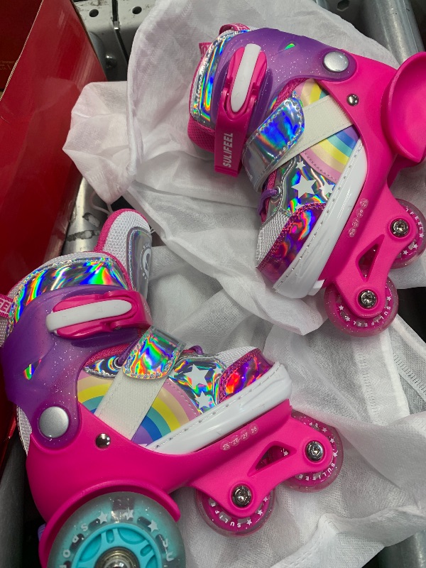 Photo 1 of (see all images) SULIFEEL Rainbow Unicorn 4 Size Adjustable Light up Roller Skates for Girls and Boys for Toddler Rose Pink X-Small