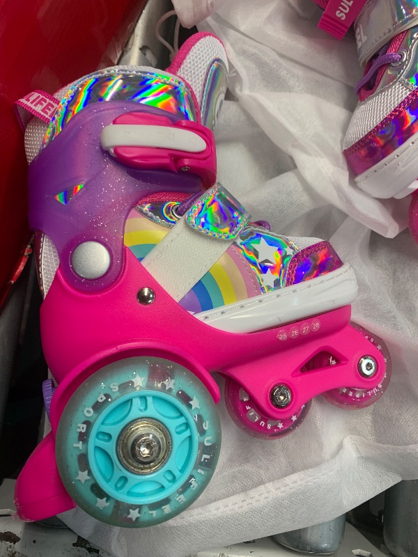 Photo 1 of (see all images) SULIFEEL Rainbow Unicorn 4 Size Adjustable Light up Roller Skates for Girls and Boys for Toddler Rose Pink X-Small