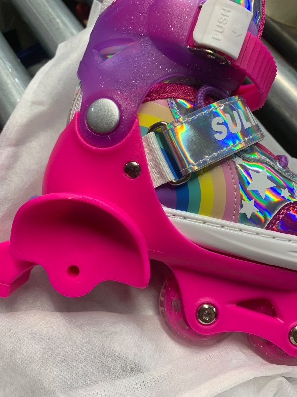 Photo 1 of (see all images) SULIFEEL Rainbow Unicorn 4 Size Adjustable Light up Roller Skates for Girls and Boys for Toddler Rose Pink X-Small