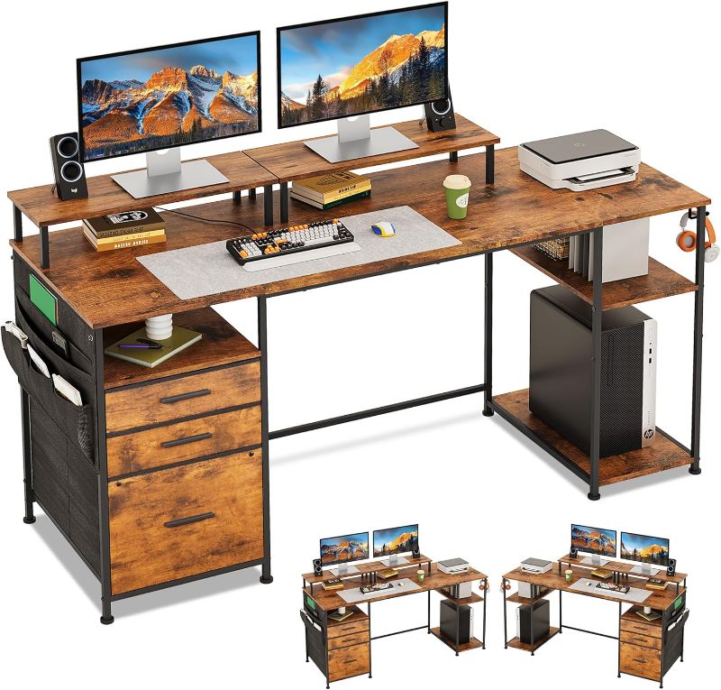 Photo 1 of *** FACTORY SEAL***Computer Desk with 3 File Cabinet Drawers, 57.8'' Reversible Gaming Desk, Office Desk with Storage Shelves and Dual Monitor Stand for Home & Office (Rustic Brown)
